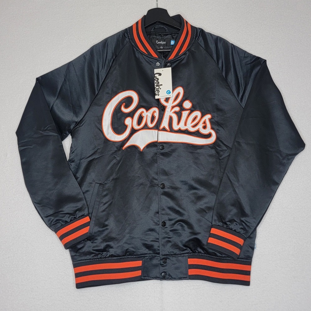 Cookies SF‎ Mens Varsity Satin Bomber Jacket Black Orange Script Logo New L
